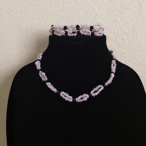 Seed Pearls Black Bead Matching Bracelet Necklace Set Double Strand Quiet Luxury